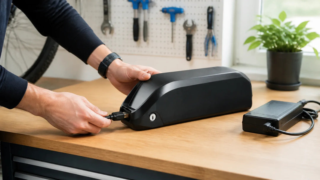 RIDSTAR electric bike replacement battery being checked before charging