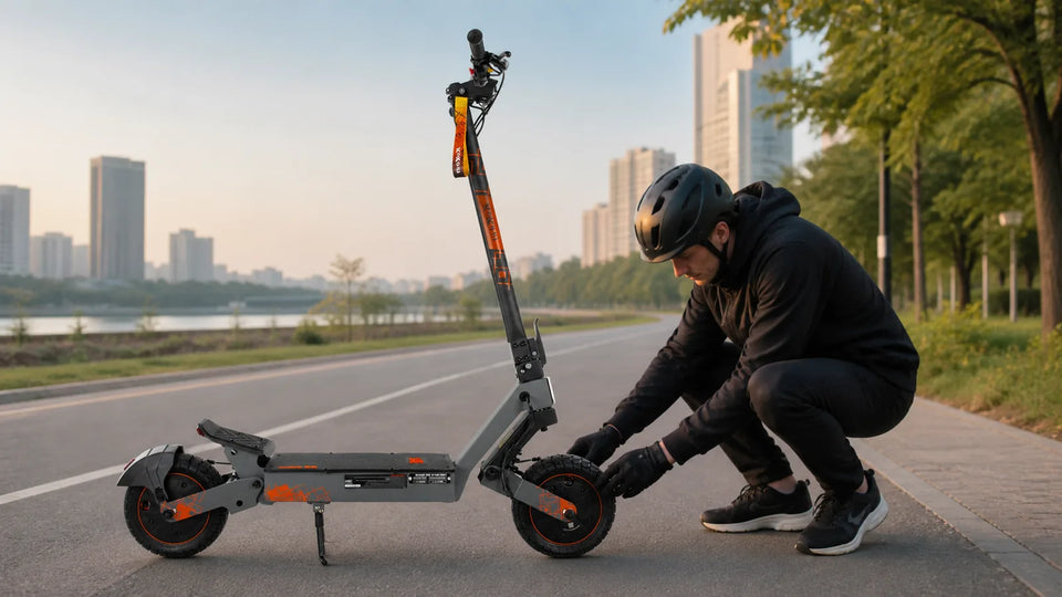 KuKirin G2 Ultra electric scooter undergoing a pre-ride tire and brake check