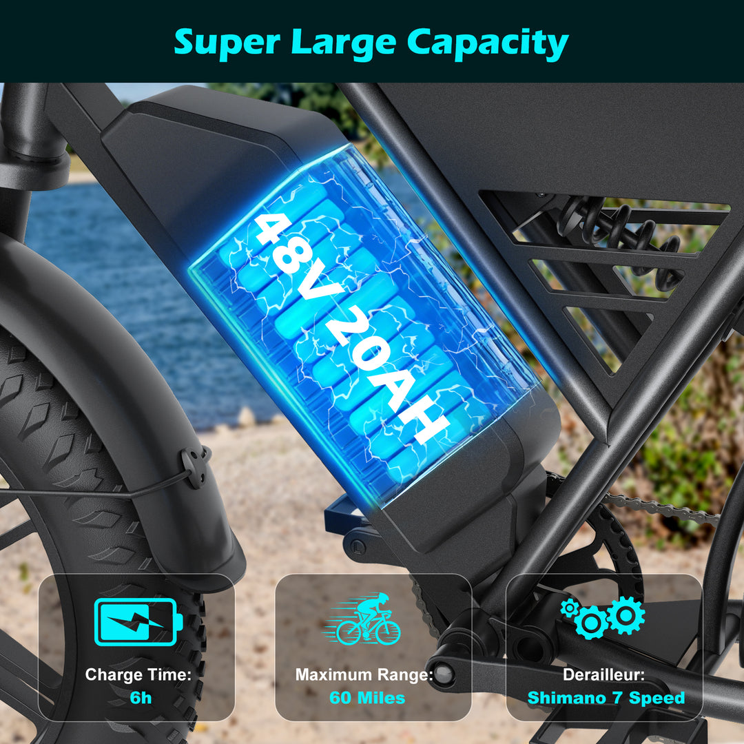 EBIKESZ G60 1000W Rear Motor Fat Tire E-Bike – Extended Range 48V 20Ah Lithium Battery All-Terrain Electric Bicycle