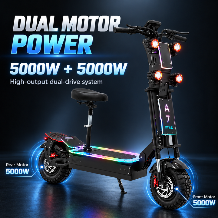 EBIKESZ A7 MAX 13" Off-Road Electric Scooter | 10000W Dual Motors (2*5000W), 72V 50Ah Battery, 59 MPH, Hydraulic Suspension Foldable High-Performance E-Scooter