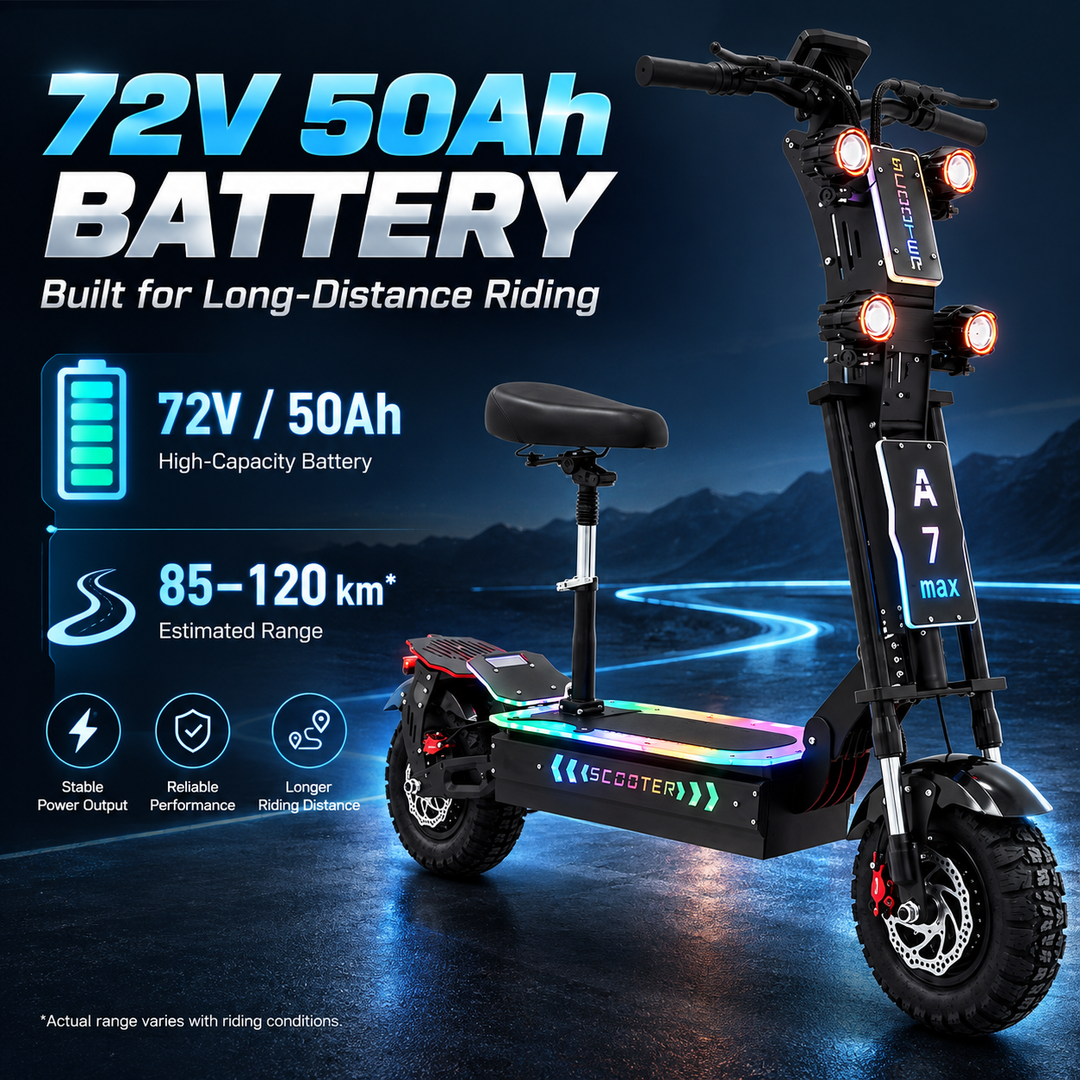 EBIKESZ A7 MAX 13" Off-Road Electric Scooter | 10000W Dual Motors (2*5000W), 72V 50Ah Battery, 59 MPH, Hydraulic Suspension Foldable High-Performance E-Scooter