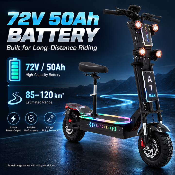 EBIKESZ A7 MAX 13" Off-Road Electric Scooter | 10000W Dual Motors (2*5000W), 72V 50Ah Battery, 59 MPH, Hydraulic Suspension Foldable High-Performance E-Scooter