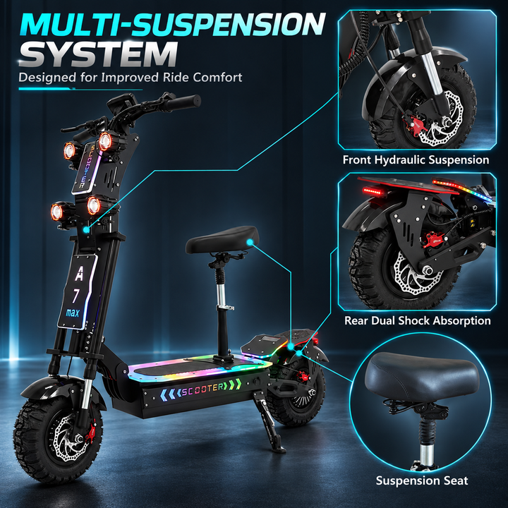 EBIKESZ A7 MAX 13" Off-Road Electric Scooter | 10000W Dual Motors (2*5000W), 72V 50Ah Battery, 59 MPH, Hydraulic Suspension Foldable High-Performance E-Scooter