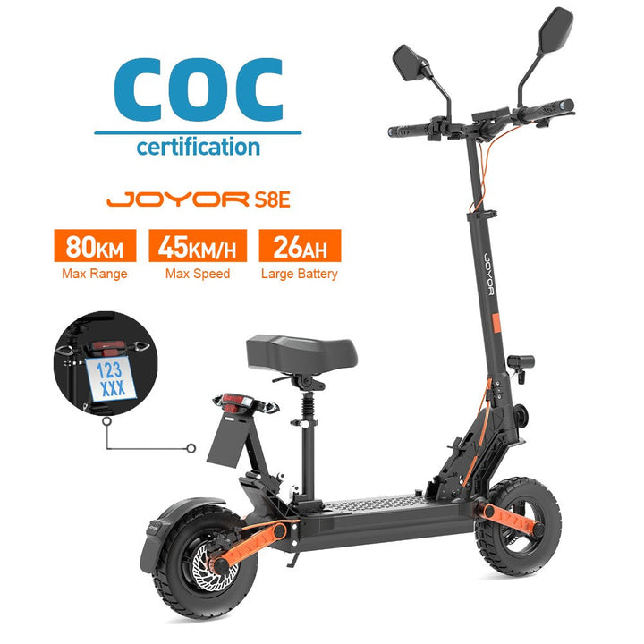JOYOR S8E 10" EEC-Certified Foldable Electric Scooter with Seat NFC 800W Motor and 48V 26Ah Battery