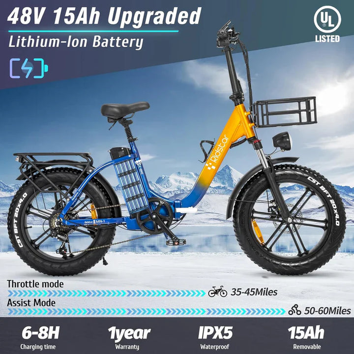 Ridstar MN20 1000W Step-Thru Fat Tire Folding Electric Bike with Basket | 48V 15Ah UL Certified Battery