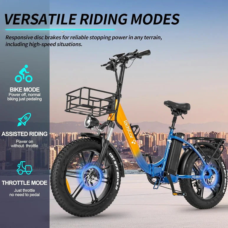 Ridstar MN20 1000W Step-Thru Fat Tire Folding Electric Bike with Basket | 48V 15Ah UL Certified Battery