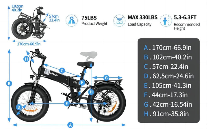Ridstar H20 20x4.0 Fat Tire Folding Electric Bike - All Terrain 1000W SUV Ebike