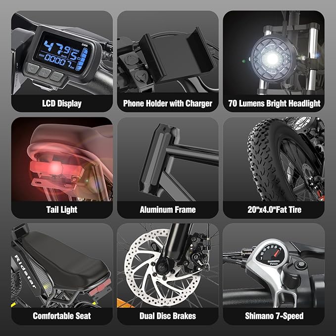 Ridstar Q20 Lite 20 Inch Fat Tire Electric Bike 1000W High Speed Motor 48V 15Ah Removable Battery Compact Retro All Terrain Ebike