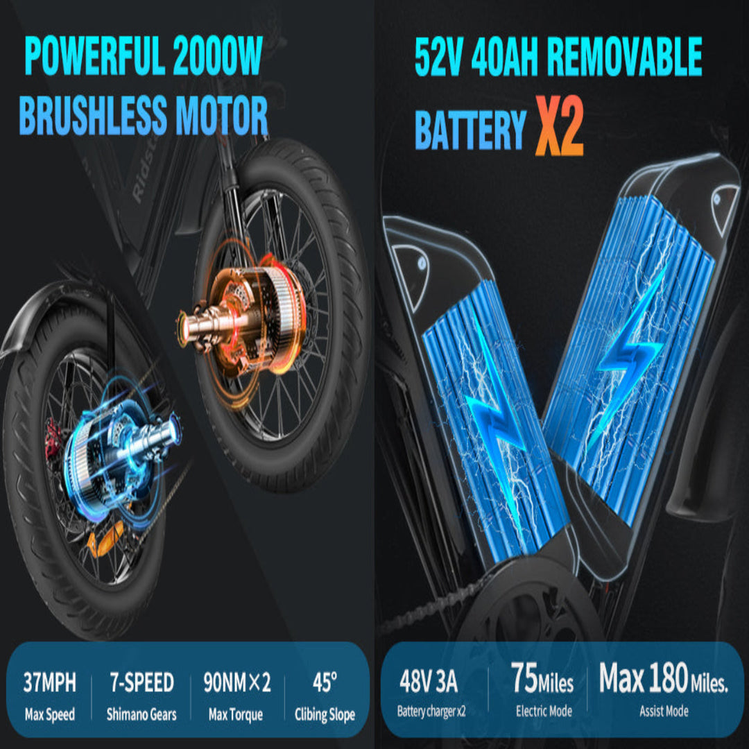 Ridstar Q20 Pro 20 Inch Fat Tire Electric Bike 2000W Dual Motor 52V 20Ah High Capacity Battery AWD All Terrain Retro Off-Road Ebike