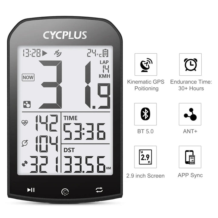 CYCPLUS M1 Smart GPS Bike Computer - 2.9-inch Huge Screen Wireless Speedometer with ANT+ &amp; Bluetooth for Strava Sync