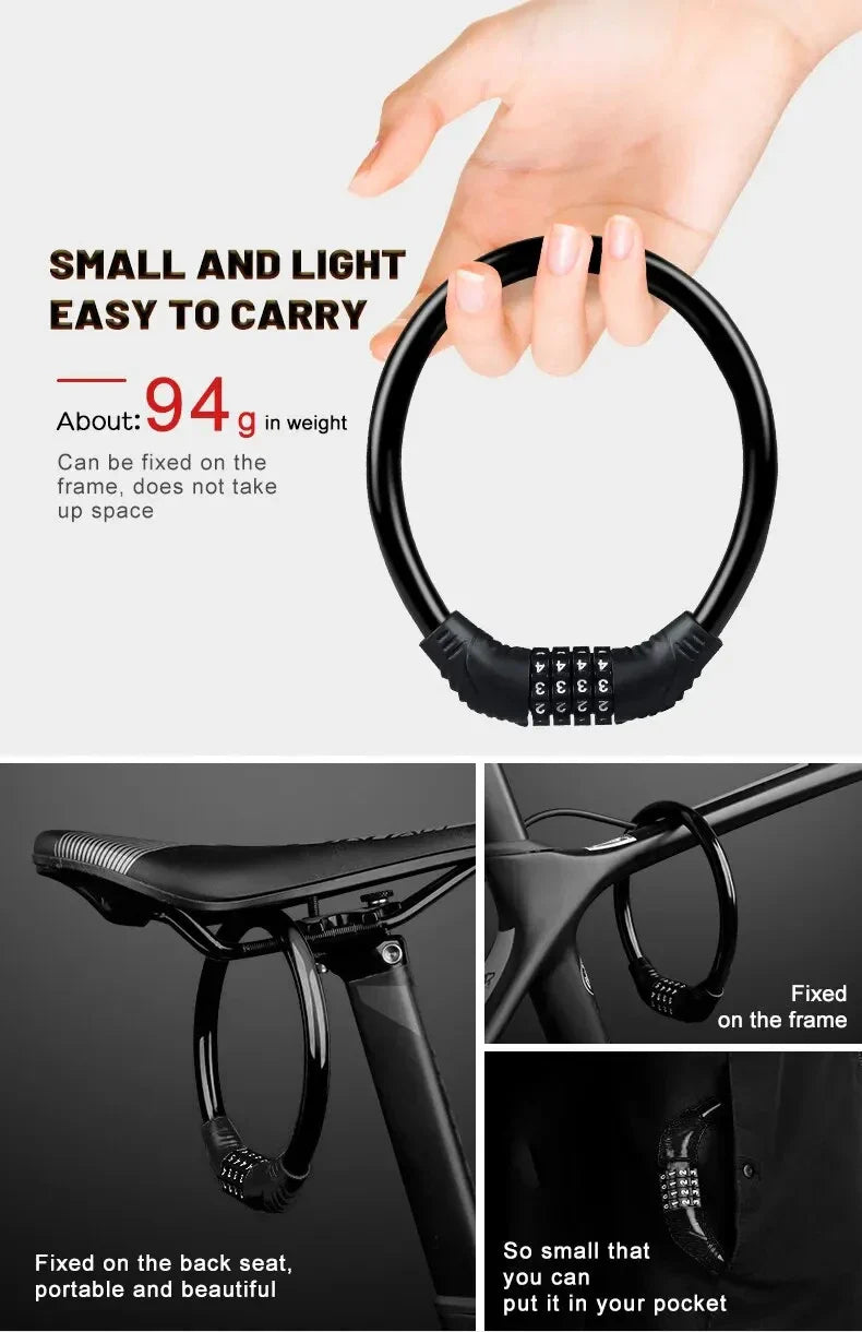 Portable 4-Digit Password Bike Lock - High-Security Resettable Combination Lock for MTB &amp; Road Bikes