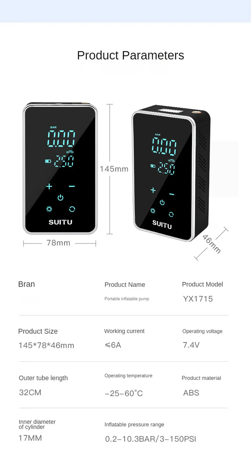 150PSI Smart Touch Screen Tire Inflator - Portable Wireless Electric Air Pump for Car &amp; Bike