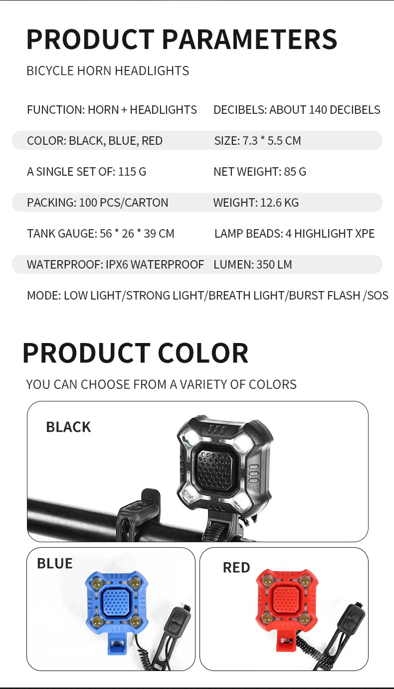 2-in-1 Bicycle Electric Horn &amp; Front Light - USB Rechargeable 120dB Loud Alarm - Waterproof LED Safety Lamp for E-Bike, Scooter &amp; MTB