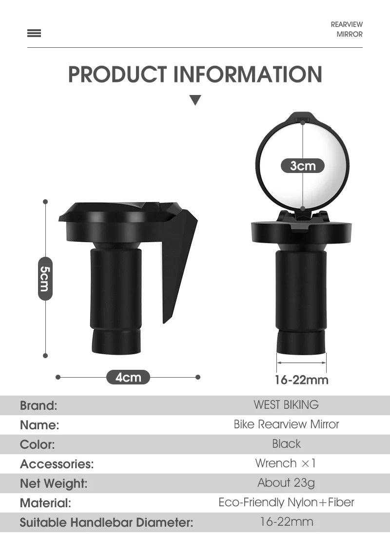 WEST BIKING HD Convex Bike Mirror - 360° Adjustable Universal Wide-Angle Mirror