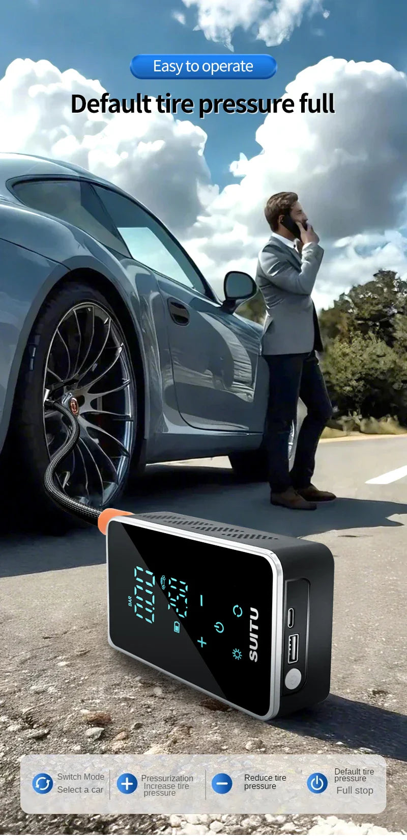 150PSI Smart Touch Screen Tire Inflator - Portable Wireless Electric Air Pump for Car &amp; Bike