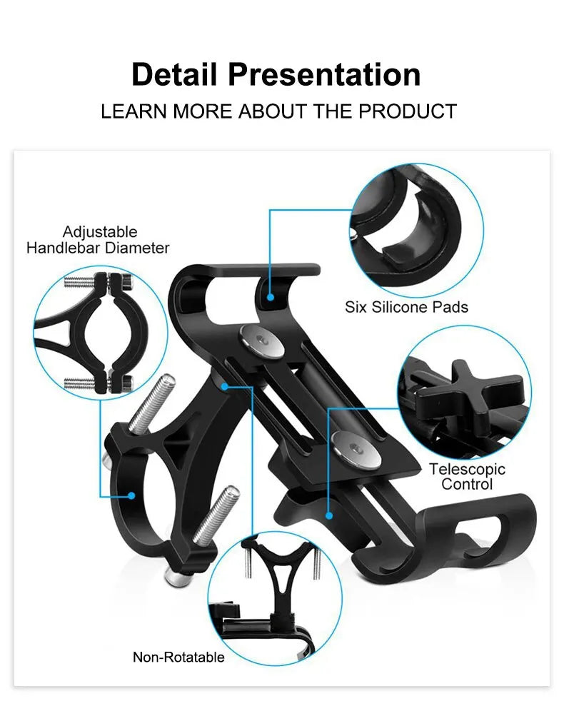 Universal Aluminum Alloy Bike Phone Holder - Anti-Slip Mechanical Lock Mount - Metal Motorcycle GPS Clip for 4.0"-6.5" Smartphones
