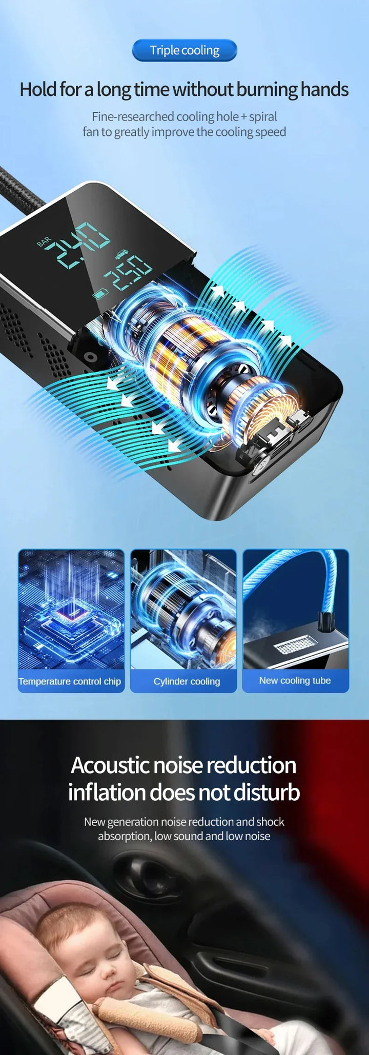 150PSI Smart Touch Screen Tire Inflator - Portable Wireless Electric Air Pump for Car &amp; Bike