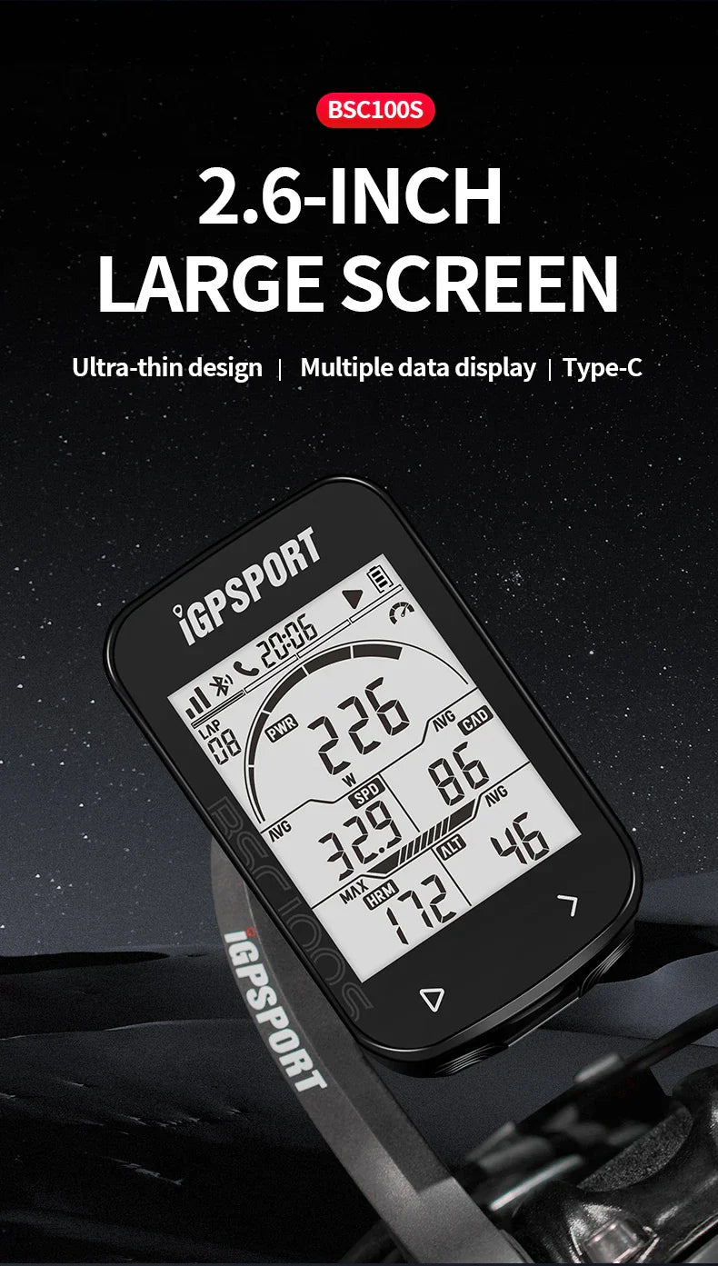 iGPSPORT BSC100S GPS Bike Computer - 2.6" LCD Wireless Speedometer - 40H Battery Life &amp; Type-C Charging - IPX7 Waterproof Cycling Odometer