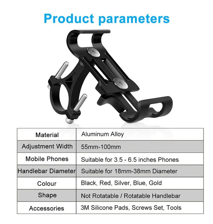 Universal Aluminum Alloy Bike Phone Holder - Anti-Slip Mechanical Lock Mount - Metal Motorcycle GPS Clip for 4.0"-6.5" Smartphones