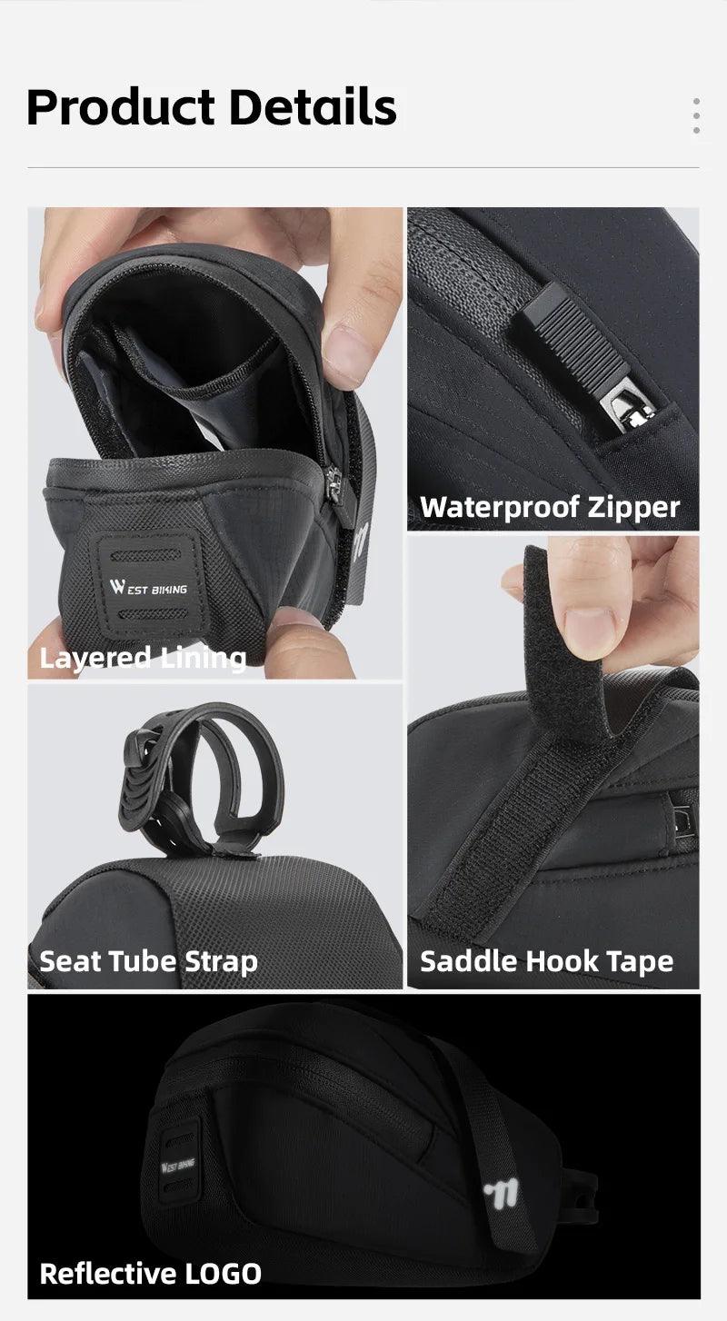 West Biking Ultralight Bike Saddle Bag - 58g Compact Seat Tail Pouch - Rainproof Bicycle Tool Organizer with Tail Light Loop
