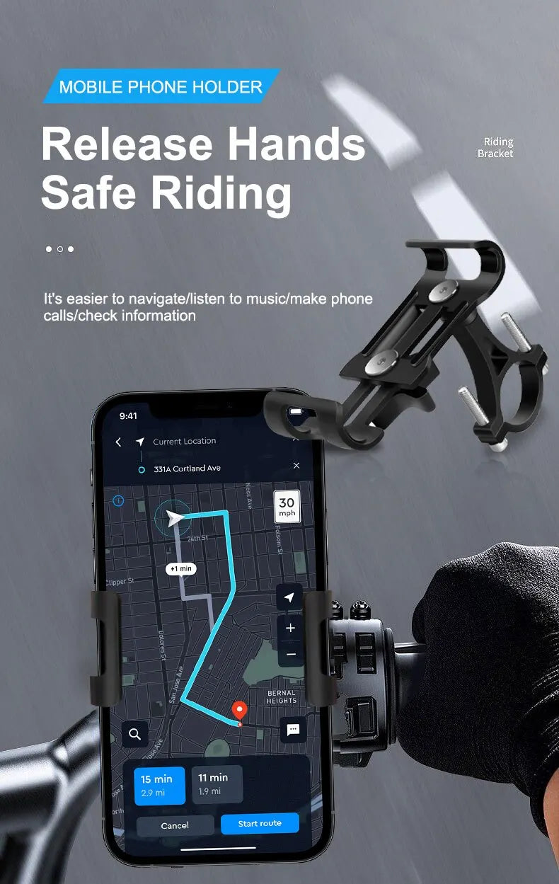 Universal Aluminum Alloy Bike Phone Holder - Anti-Slip Mechanical Lock Mount - Metal Motorcycle GPS Clip for 4.0"-6.5" Smartphones