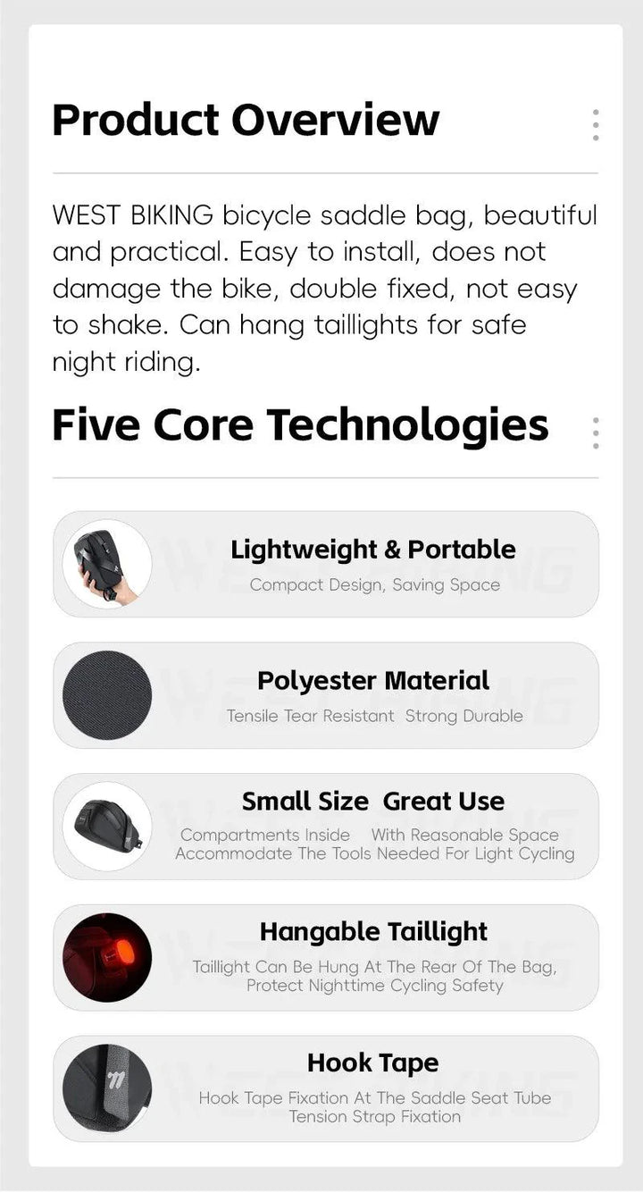 West Biking Ultralight Bike Saddle Bag - 58g Compact Seat Tail Pouch - Rainproof Bicycle Tool Organizer with Tail Light Loop