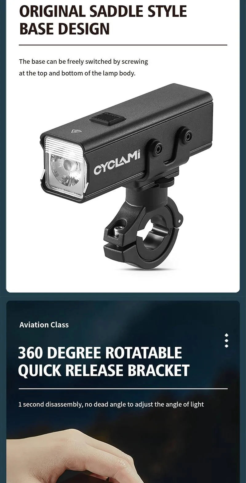CYCLAMI Super Bright Bike Front Light - IPX6 Waterproof LED Headlight - Type-C Rechargeable Night Riding Safety Lamp for MTB &amp; Road