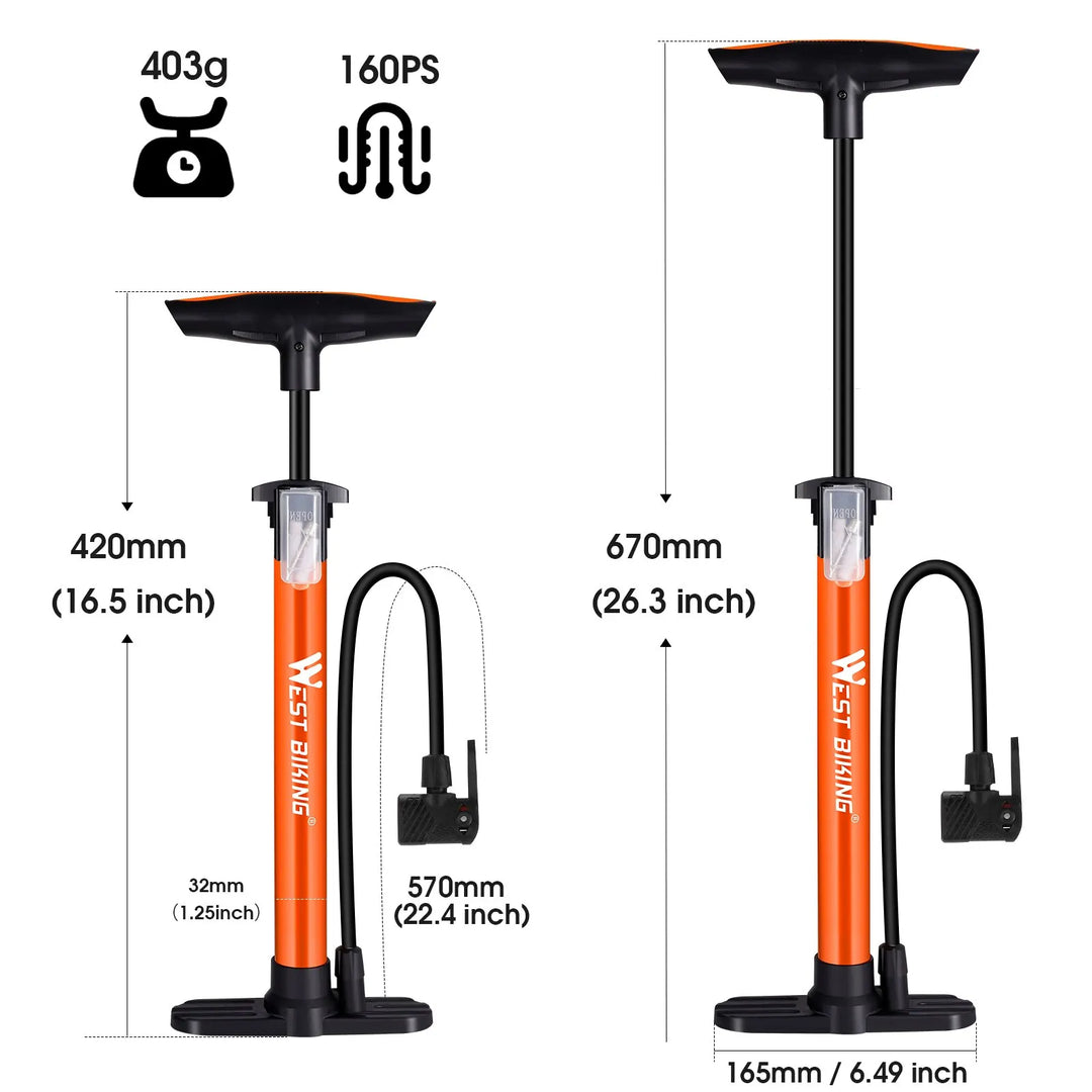 WEST BIKING 160PSI High Pressure Pump Schrader Presta MTB Bicycle Floor Pump