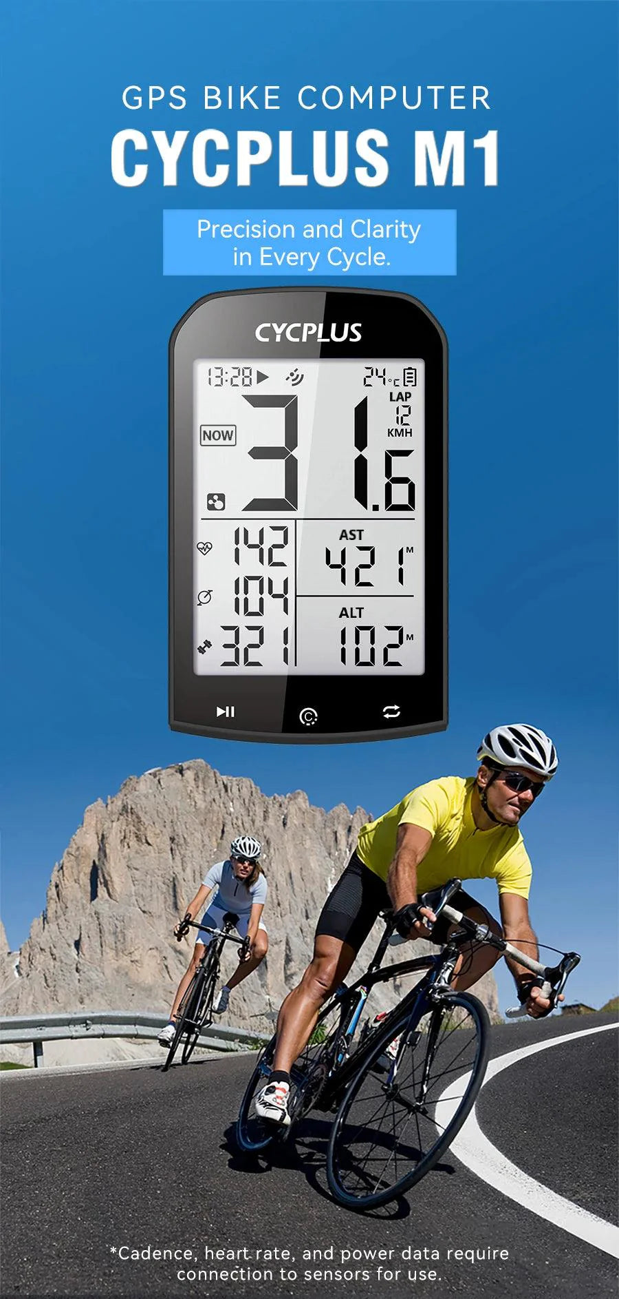 CYCPLUS M1 Smart GPS Bike Computer - 2.9-inch Huge Screen Wireless Speedometer with ANT+ &amp; Bluetooth for Strava Sync