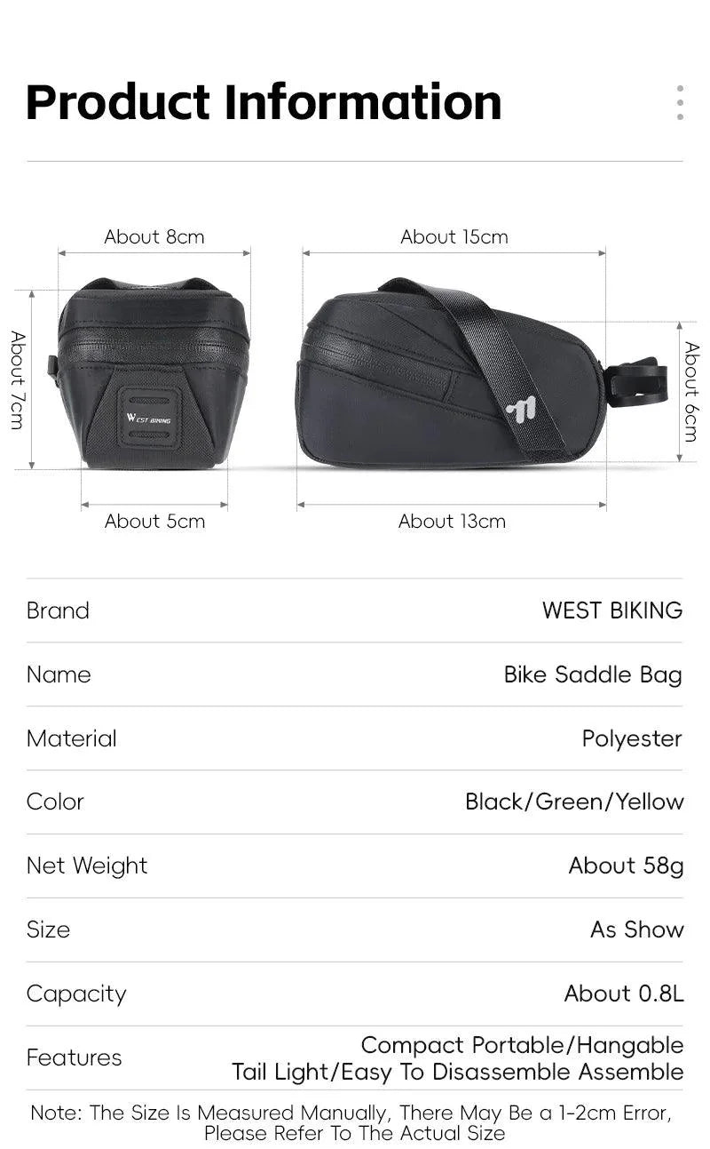 West Biking Ultralight Bike Saddle Bag - 58g Compact Seat Tail Pouch - Rainproof Bicycle Tool Organizer with Tail Light Loop