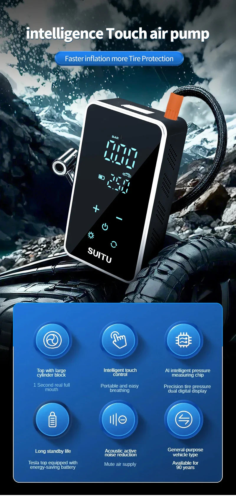 150PSI Smart Touch Screen Tire Inflator - Portable Wireless Electric Air Pump for Car &amp; Bike