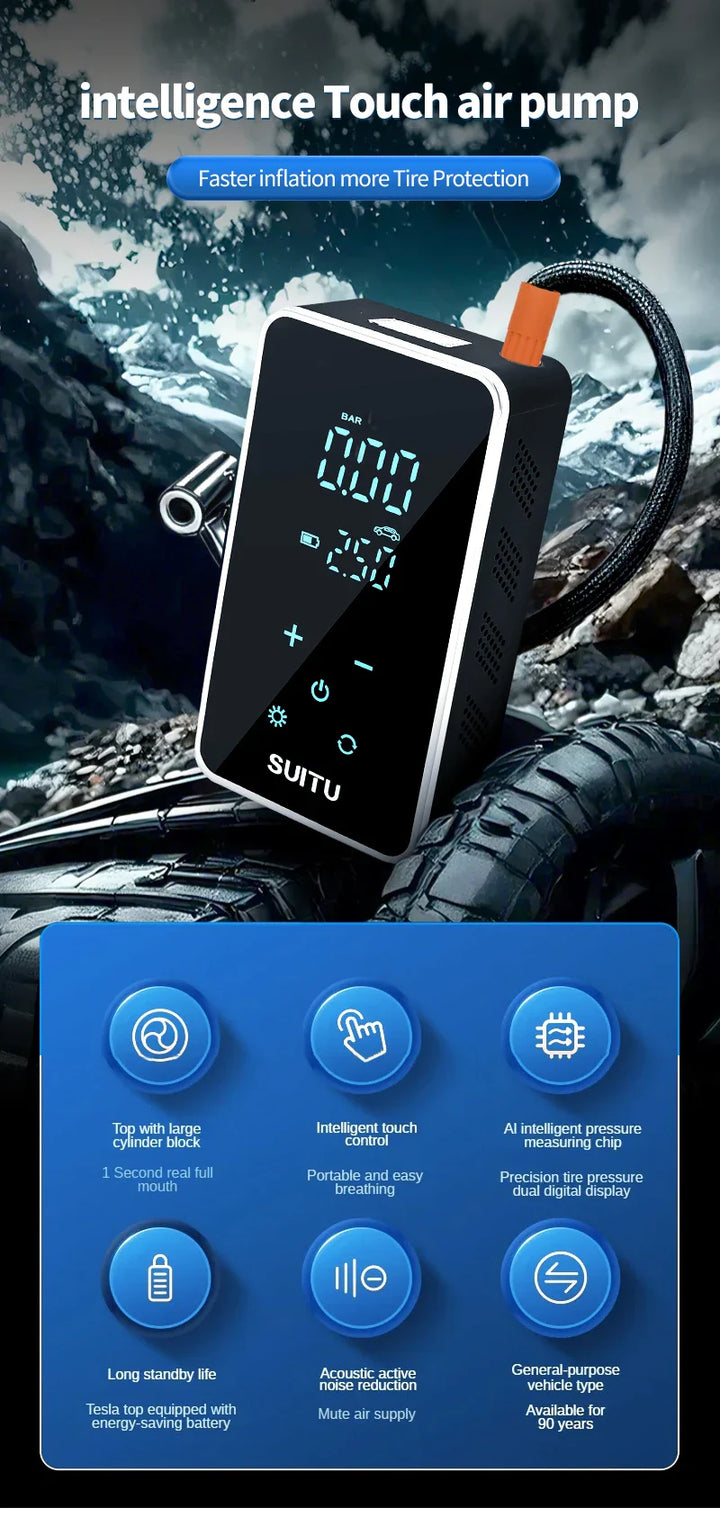 150PSI Smart Touch Screen Tire Inflator - Portable Wireless Electric Air Pump for Car &amp; Bike