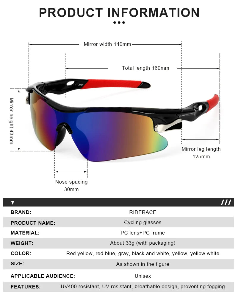 RIDERACE UV400 Cycling Sunglasses - High-Impact Polycarbonate Protection - Lightweight MTB &amp; Road Bike Goggles for Outdoor Sports