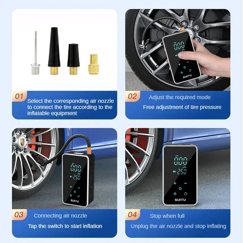 150PSI Smart Touch Screen Tire Inflator - Portable Wireless Electric Air Pump for Car &amp; Bike