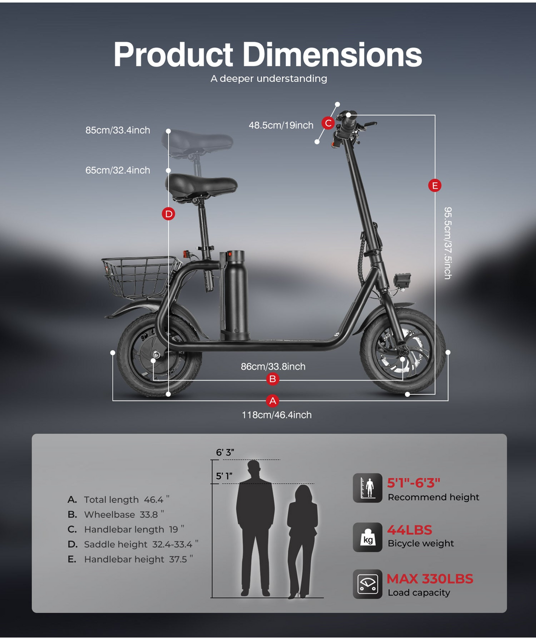 Samebike SM-C01 Foldable Electric Scooter with Seat and Colorful LCD Display