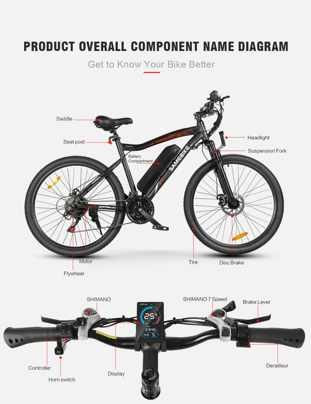 Samebike SY26-II Mountain Electric Bike with 7-Speed Rear Flywheel and Stable Drivetrain