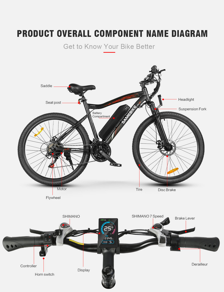 Samebike SY26-II Mountain Electric Bike with 7-Speed Rear Flywheel and Stable Drivetrain