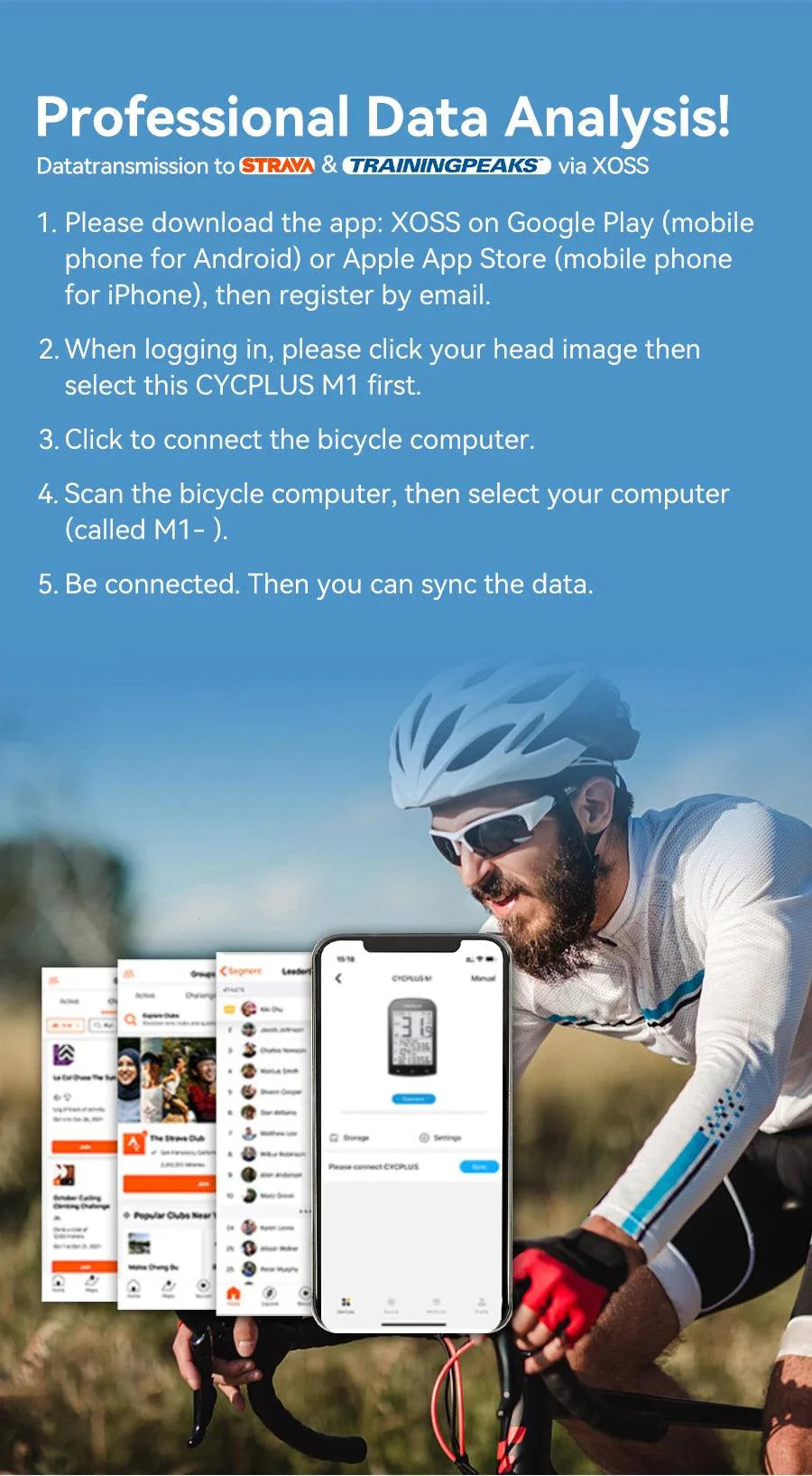 CYCPLUS M1 Smart GPS Bike Computer - 2.9-inch Huge Screen Wireless Speedometer with ANT+ &amp; Bluetooth for Strava Sync