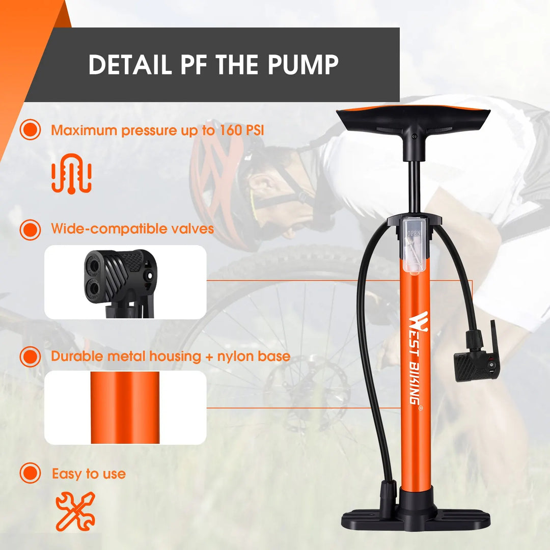 WEST BIKING 160PSI High Pressure Pump Schrader Presta MTB Bicycle Floor Pump
