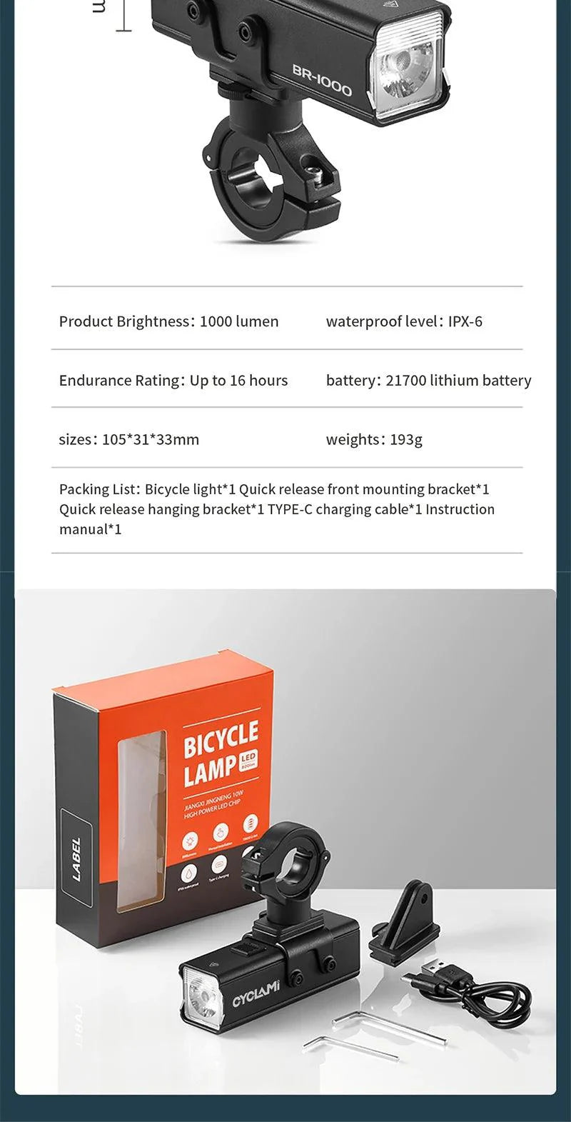 CYCLAMI Super Bright Bike Front Light - IPX6 Waterproof LED Headlight - Type-C Rechargeable Night Riding Safety Lamp for MTB &amp; Road