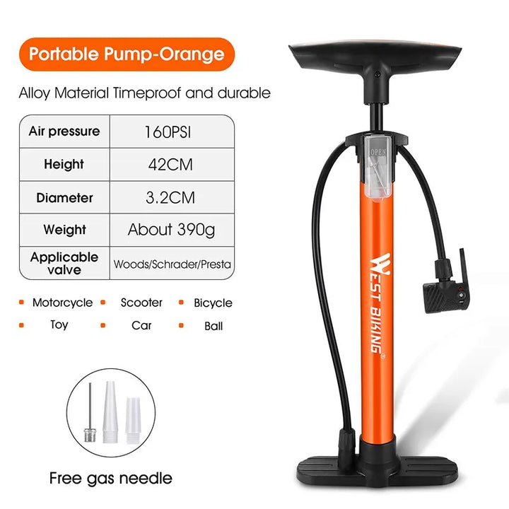 WEST BIKING 160PSI High Pressure Pump Schrader Presta MTB Bicycle Floor Pump