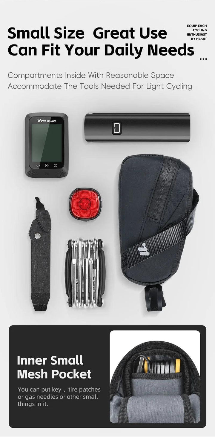 West Biking Ultralight Bike Saddle Bag - 58g Compact Seat Tail Pouch - Rainproof Bicycle Tool Organizer with Tail Light Loop