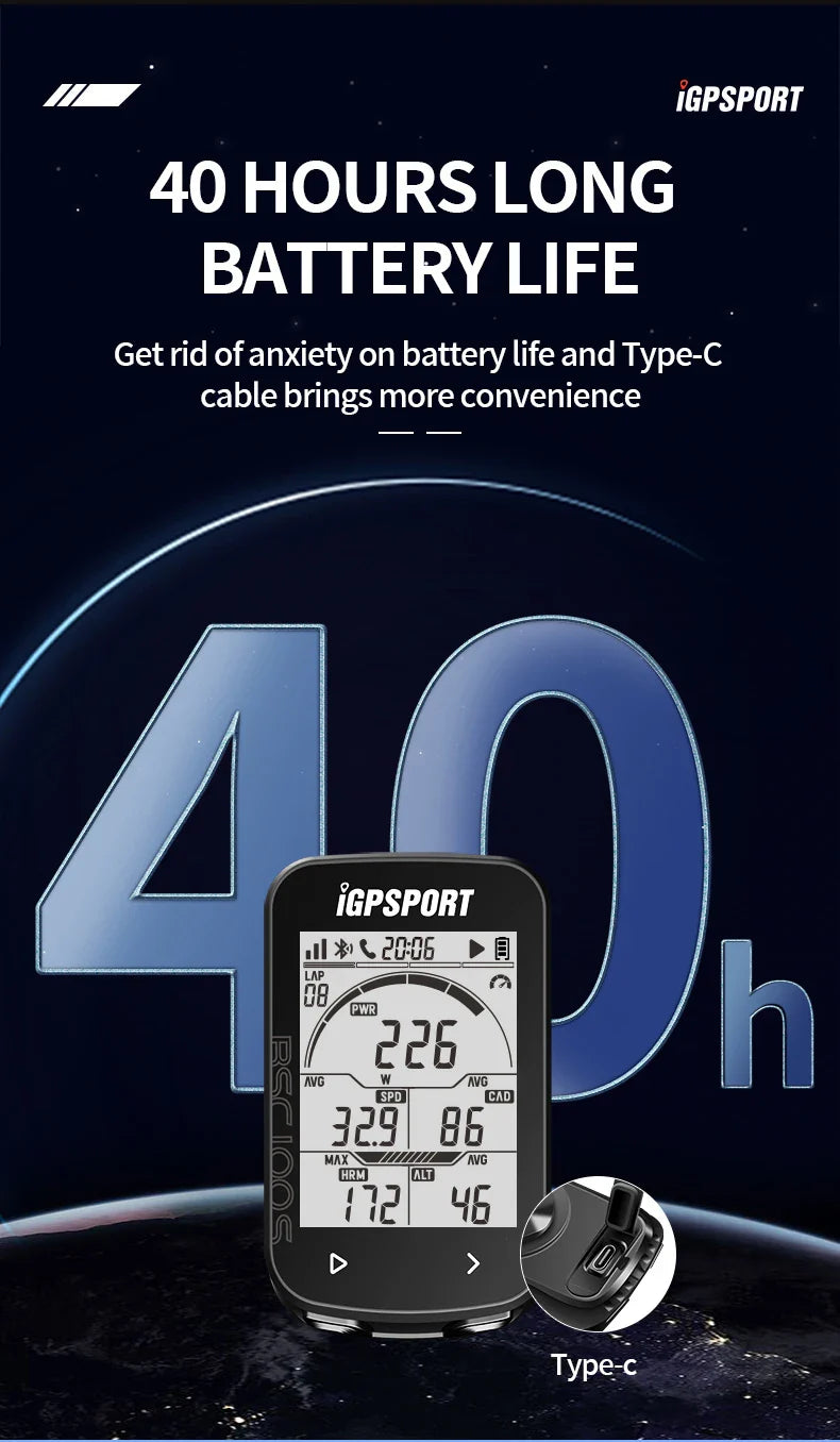iGPSPORT BSC100S GPS Bike Computer - 2.6" LCD Wireless Speedometer - 40H Battery Life &amp; Type-C Charging - IPX7 Waterproof Cycling Odometer