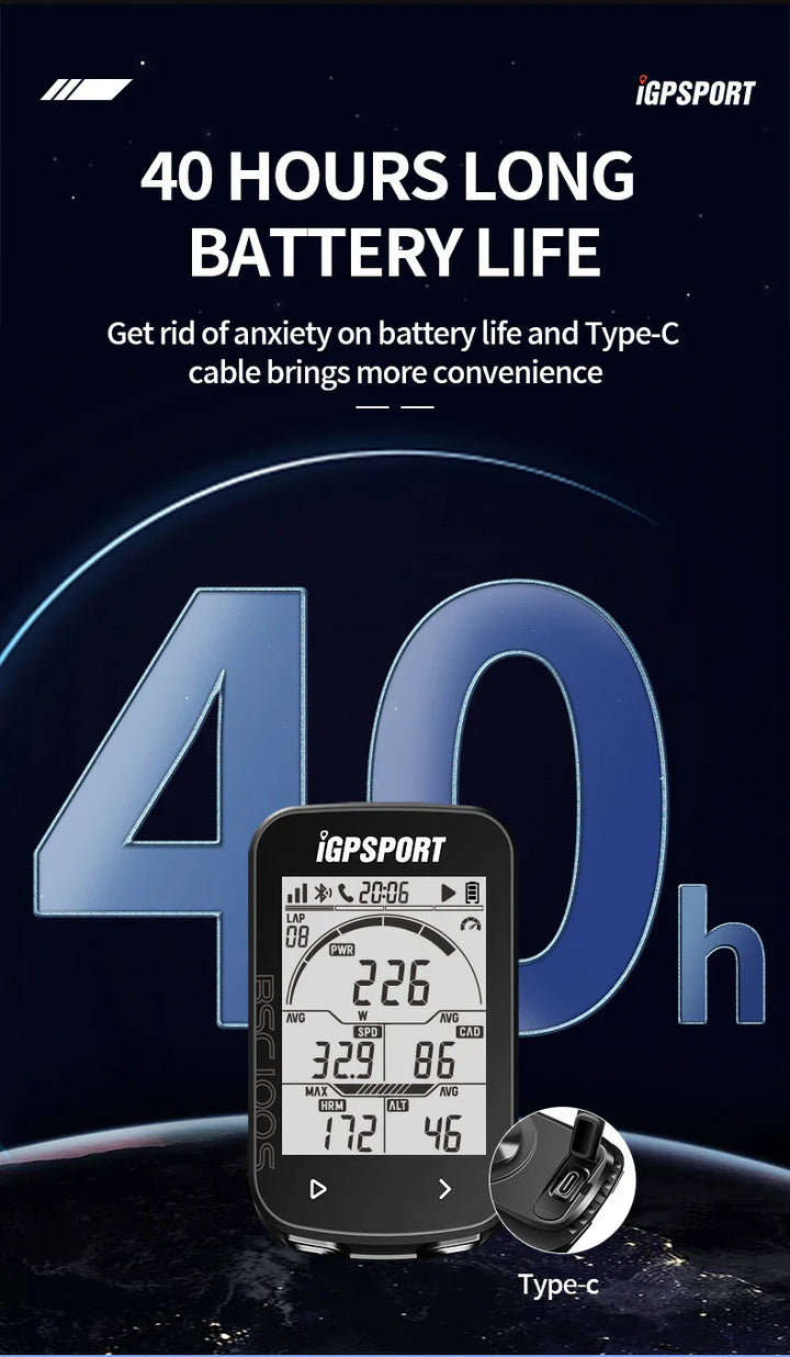 iGPSPORT BSC100S GPS Bike Computer - 2.6" LCD Wireless Speedometer - 40H Battery Life &amp; Type-C Charging - IPX7 Waterproof Cycling Odometer