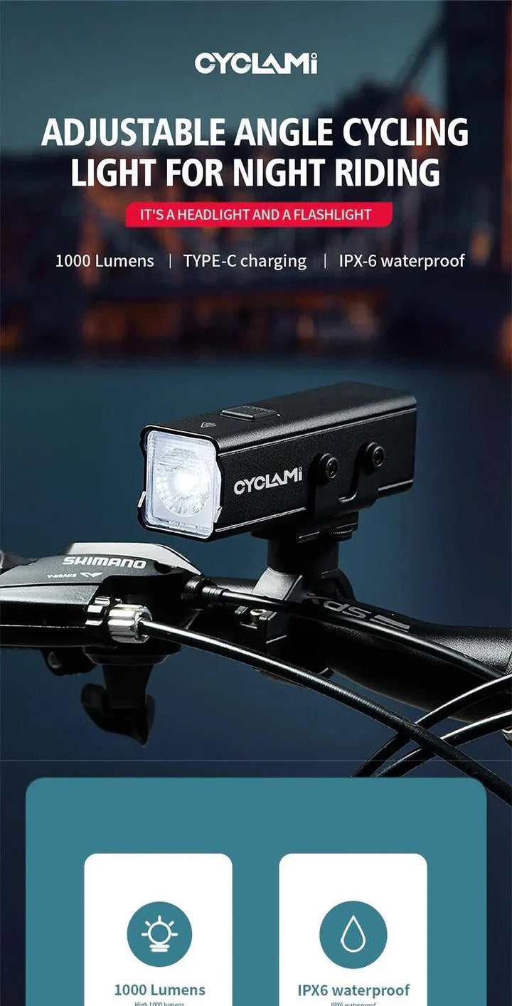 CYCLAMI Super Bright Bike Front Light - IPX6 Waterproof LED Headlight - Type-C Rechargeable Night Riding Safety Lamp for MTB &amp; Road