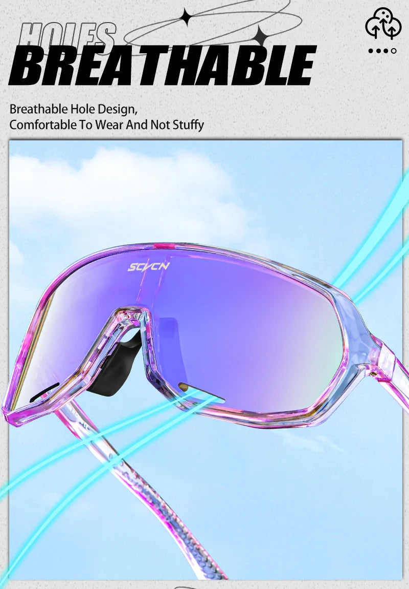 SCVCN S62 Photochromic Cycling Sunglasses - Smart Color Change Lens - UV400 TR-90 Ultralight Eyewear for MTB &amp; Road Bike Racing