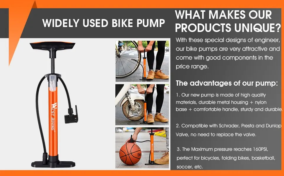 WEST BIKING 160PSI High Pressure Pump Schrader Presta MTB Bicycle Floor Pump