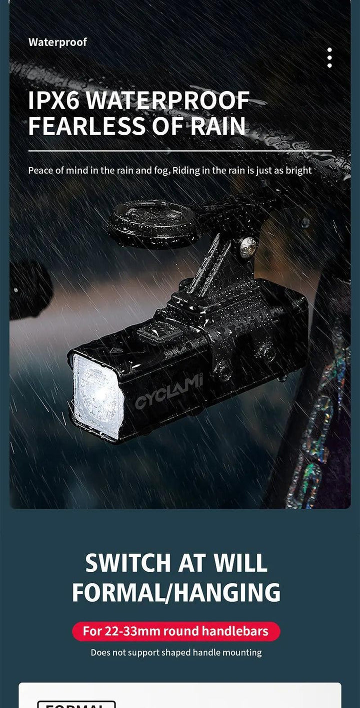 CYCLAMI Super Bright Bike Front Light - IPX6 Waterproof LED Headlight - Type-C Rechargeable Night Riding Safety Lamp for MTB &amp; Road