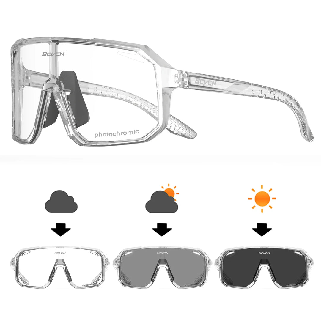 SCVCN S62 Photochromic Cycling Sunglasses - Smart Color Change Lens - UV400 TR-90 Ultralight Eyewear for MTB &amp; Road Bike Racing