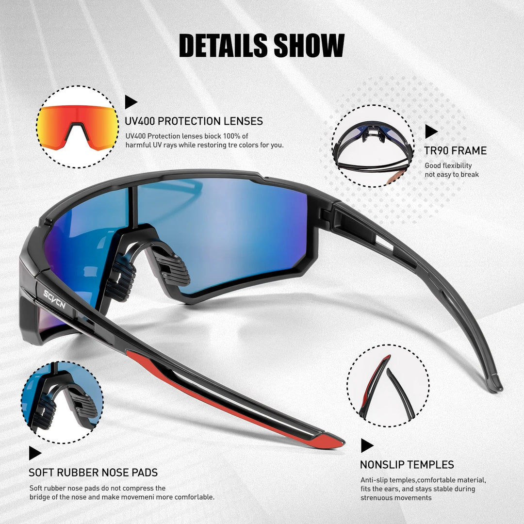 SCVCN S1411 Professional Cycling Sunglasses - UV400 Protection Wide View Eyewear - Lightweight TR-90 Sports Glasses for MTB &amp; Road Biking